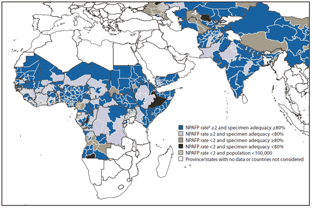 The figure shows combined performance indicators for the quality of acute flaccid paralysis surveillance in subnational areas (states and provinces) of 26 current or recently polio-affected countries and neighboring countries during 2011. A nonpolio acute flaccid paralysis rate of ≥2 cases per 100,000 children aged <15 years in ≥80% of subnational areas was achieved in 19 (73%) countries in 2010, 16 (62%) countries in 2011, and 14 (54%) countries in both years.